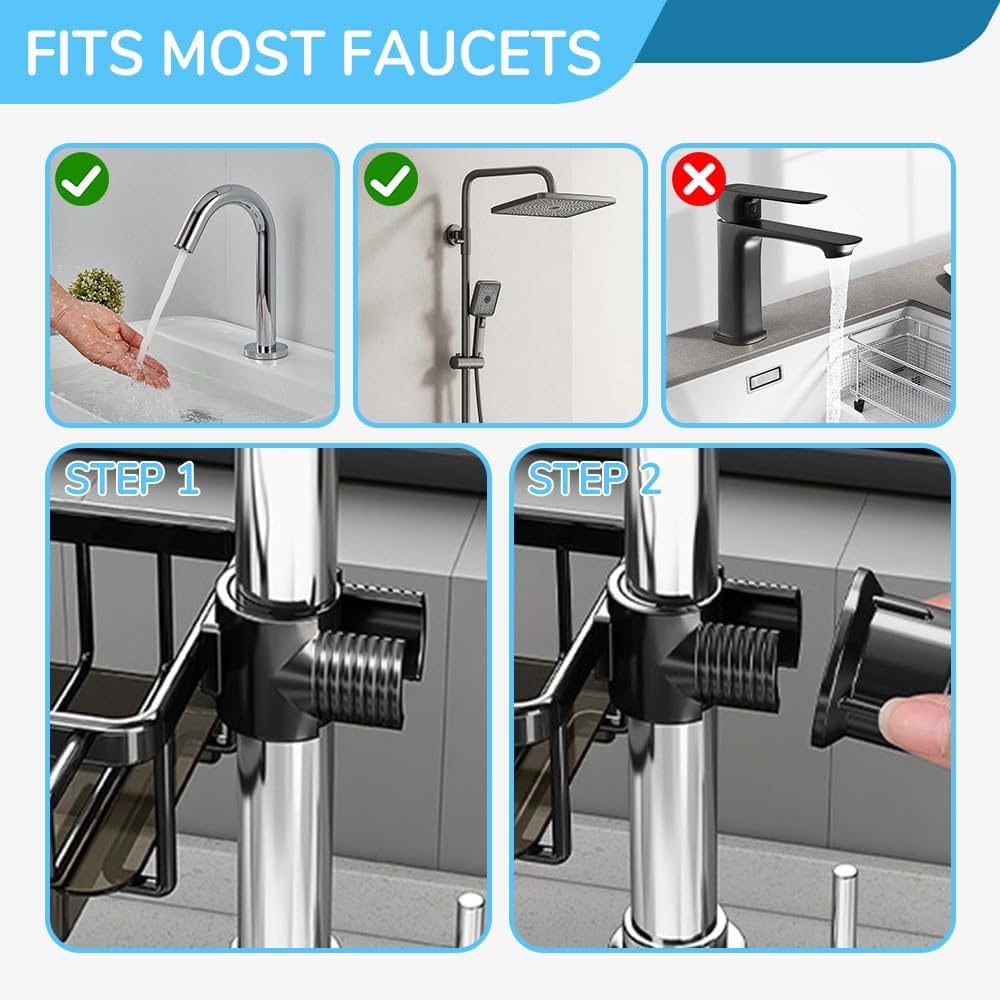 Sink Organizer Rack for Kitchen and Bathroom, 2024 New Kitchen Sink Faucet Organizer with Drip Tray Faucet Sponge Holder (Black, Left+Right)