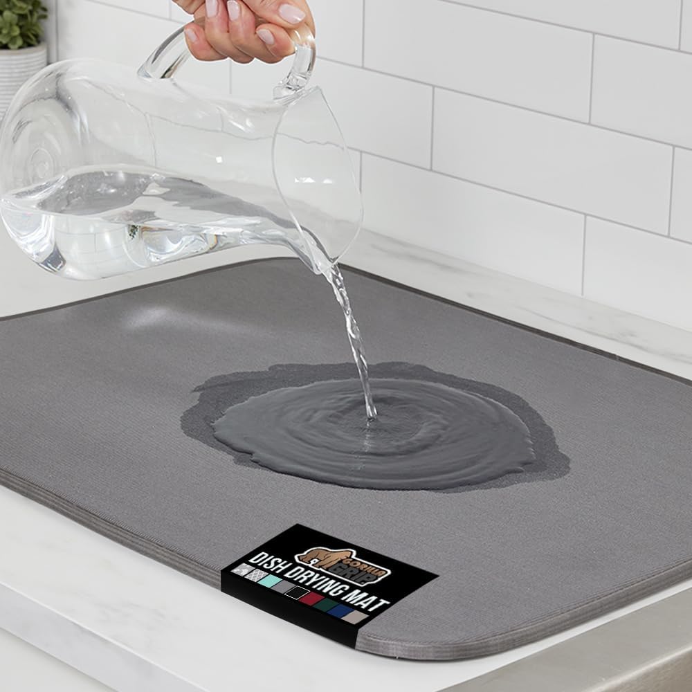 GORILLA GRIP Ultra Water Absorbent Microfiber Dish Drying Mat, 18x32, Quick Dry Thick Mesh, Slip Resistant Pad for Sink Dishes or Under Rack, Kitchen Counter Accessories, Machine Wash Mats, Gray