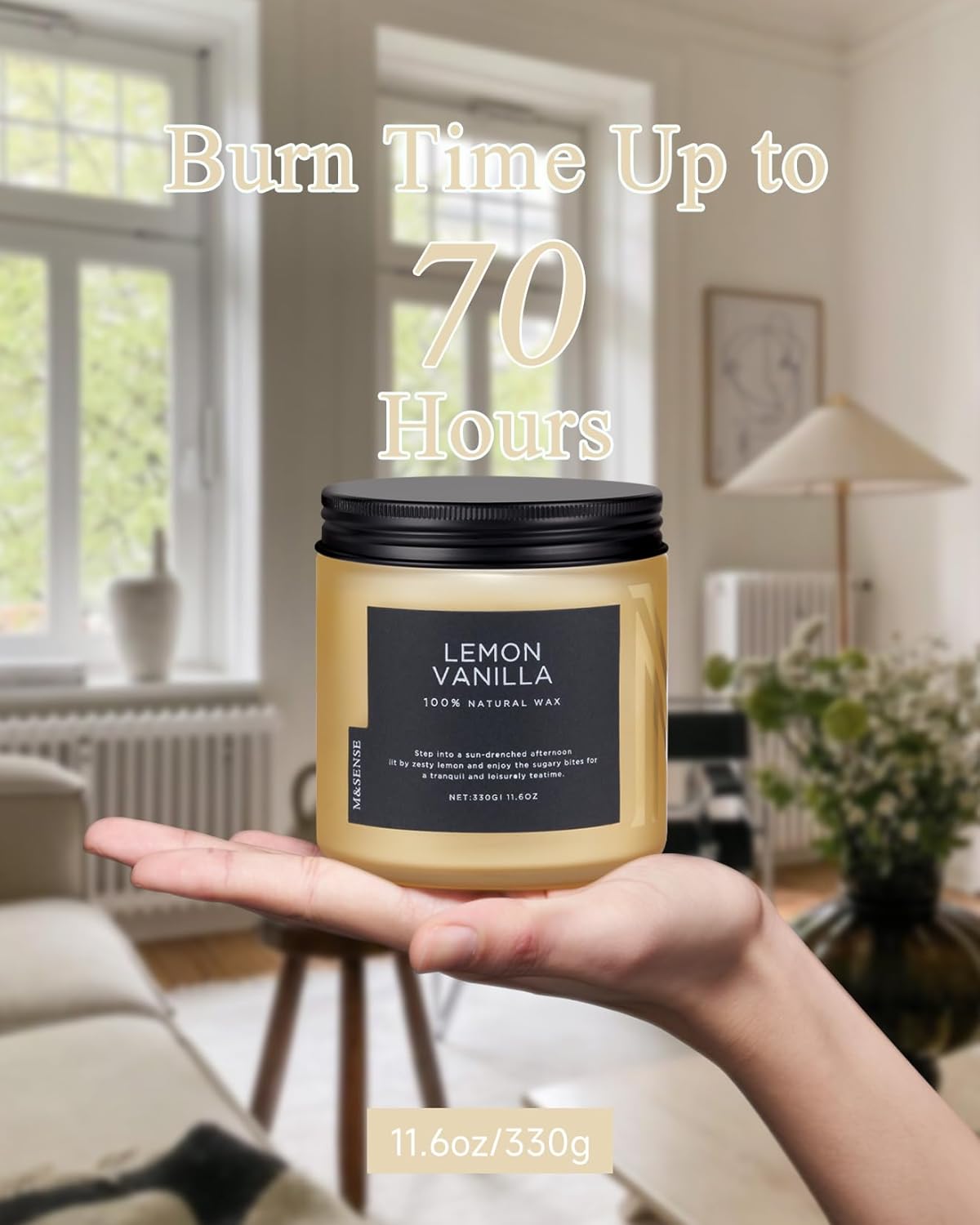M&SENSE Candles Lemon Vanilla Scented, 11.6oz 70 Hour Long Lasting Candles for Home, 2 Wick Natural Soy Wax in Glass Jar, Stress Relief Gifts for Women and Men