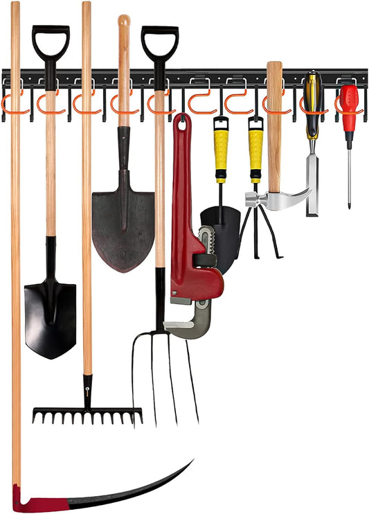 34'' All Metal Garden Tool Organizer Wall Mount Garage Organizers and Storage with Hooks Tool Hangers for Shed