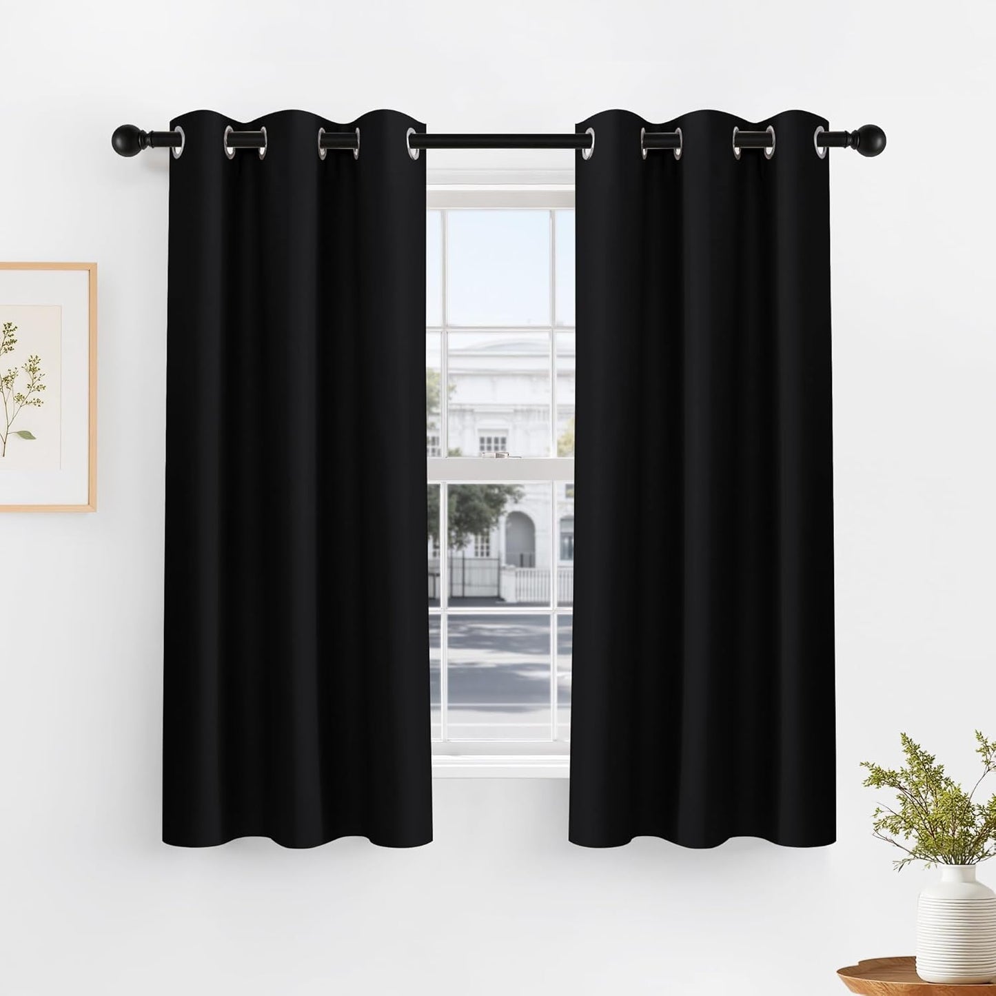 PONY DANCE Blackout Curtain Drapes - Window Treatments Solid Thermal Insulated Grommet Blackout Curtains for Bedroom Home & Kitchen Room Darkening Energy Saving, 42 W x 45 L, Black, Double Panels