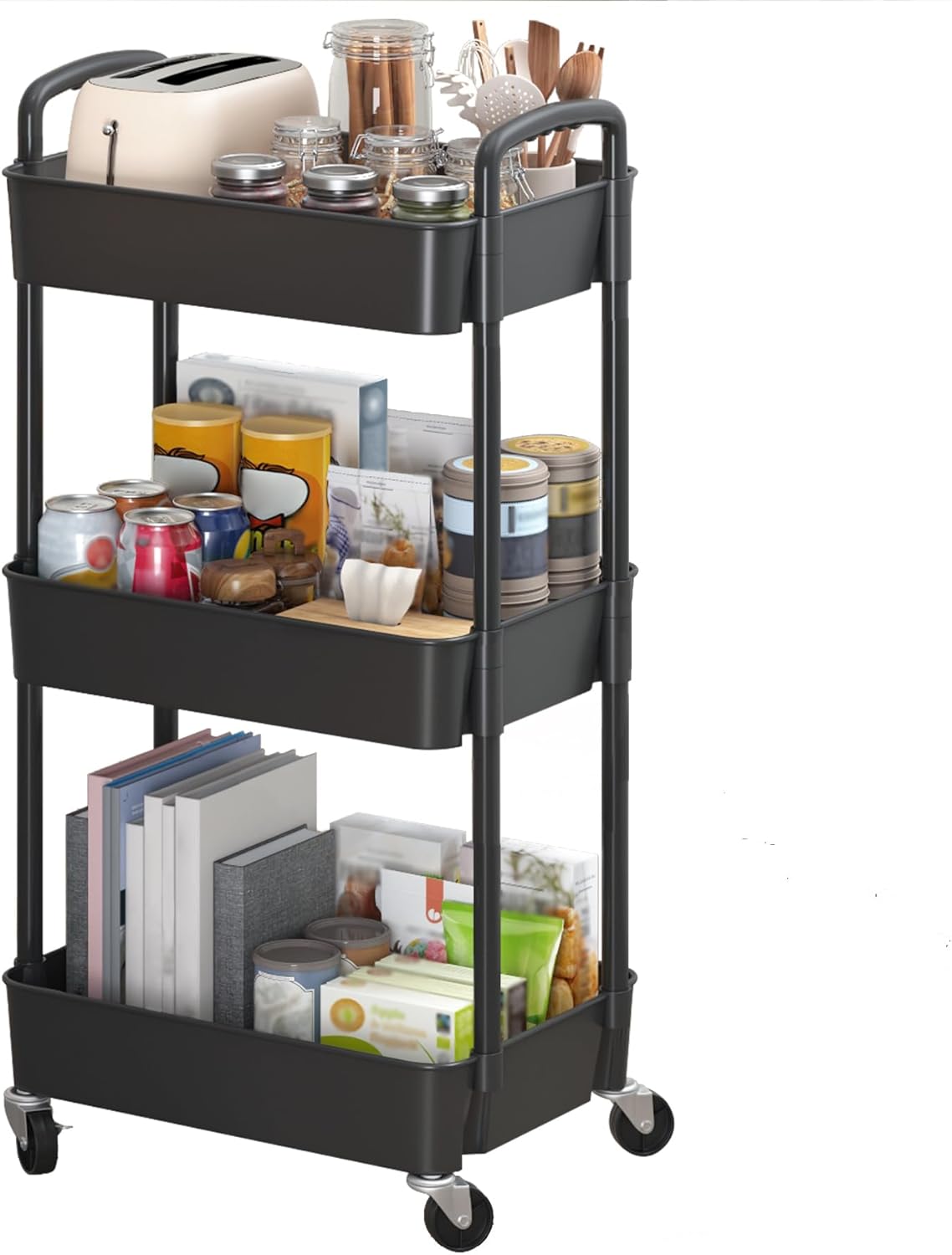 Sywhitta 3-Tier Plastic Rolling Utility Cart with Handle, Multi-Functional Storage Trolley for Office, Living Room, Kitchen, Movable Storage Organizer with Wheels, Black