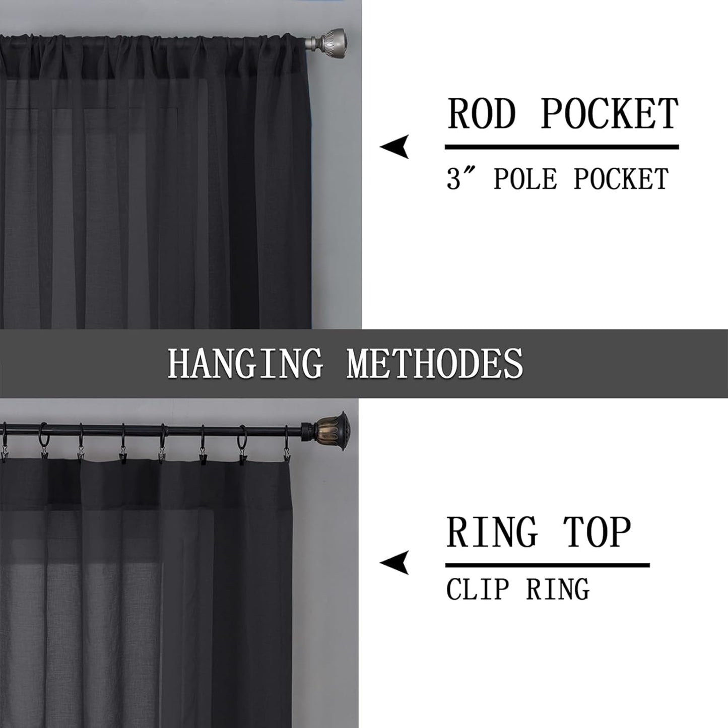 Tollpiz Short Sheer Curtain Living Room Linen Textured Curtains Sheer Light Filtering Voile Rod Pocket Curtain for Bedroom, 38 x 54 inches Long, Black, Set of 2 Panels