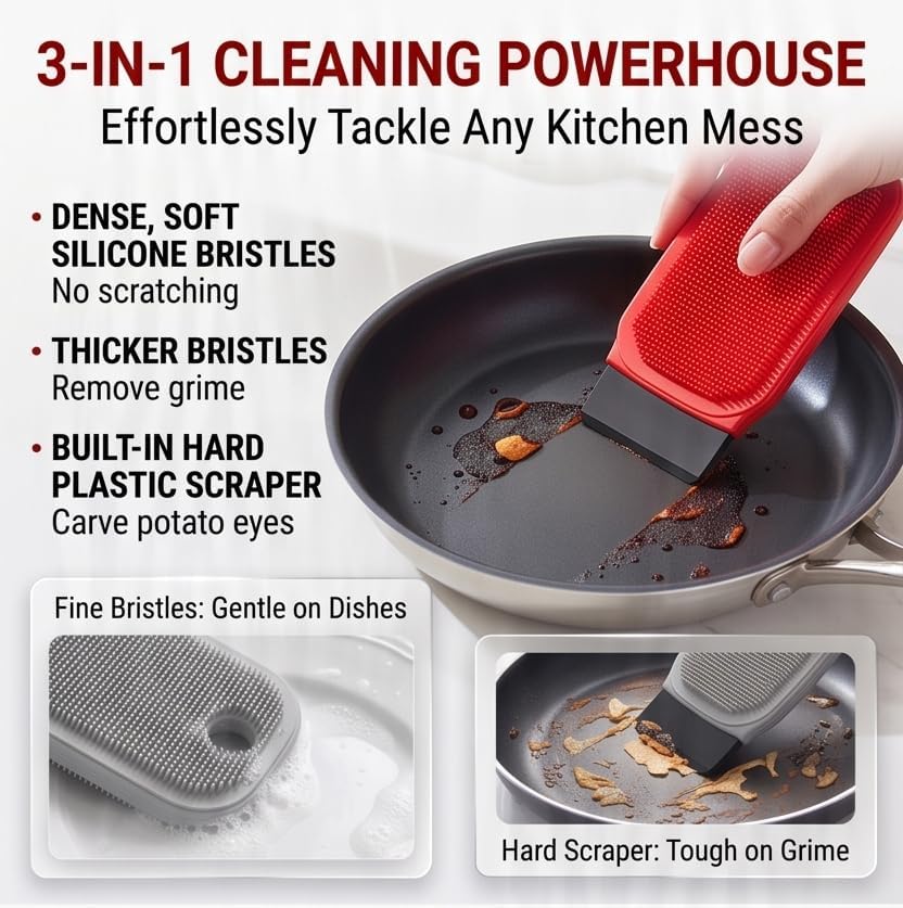 3-in-1 Silicone Dish Sponge & Vegetable Scrubber, Flexible Kitchen Cleaning - Image 2