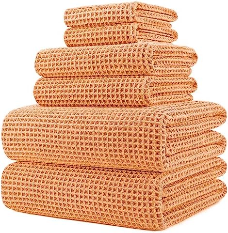 POLYTE 430 GSM Poly Blend Microfiber Quick Dry Waffle Bath Towel Set of 6 by Polyte