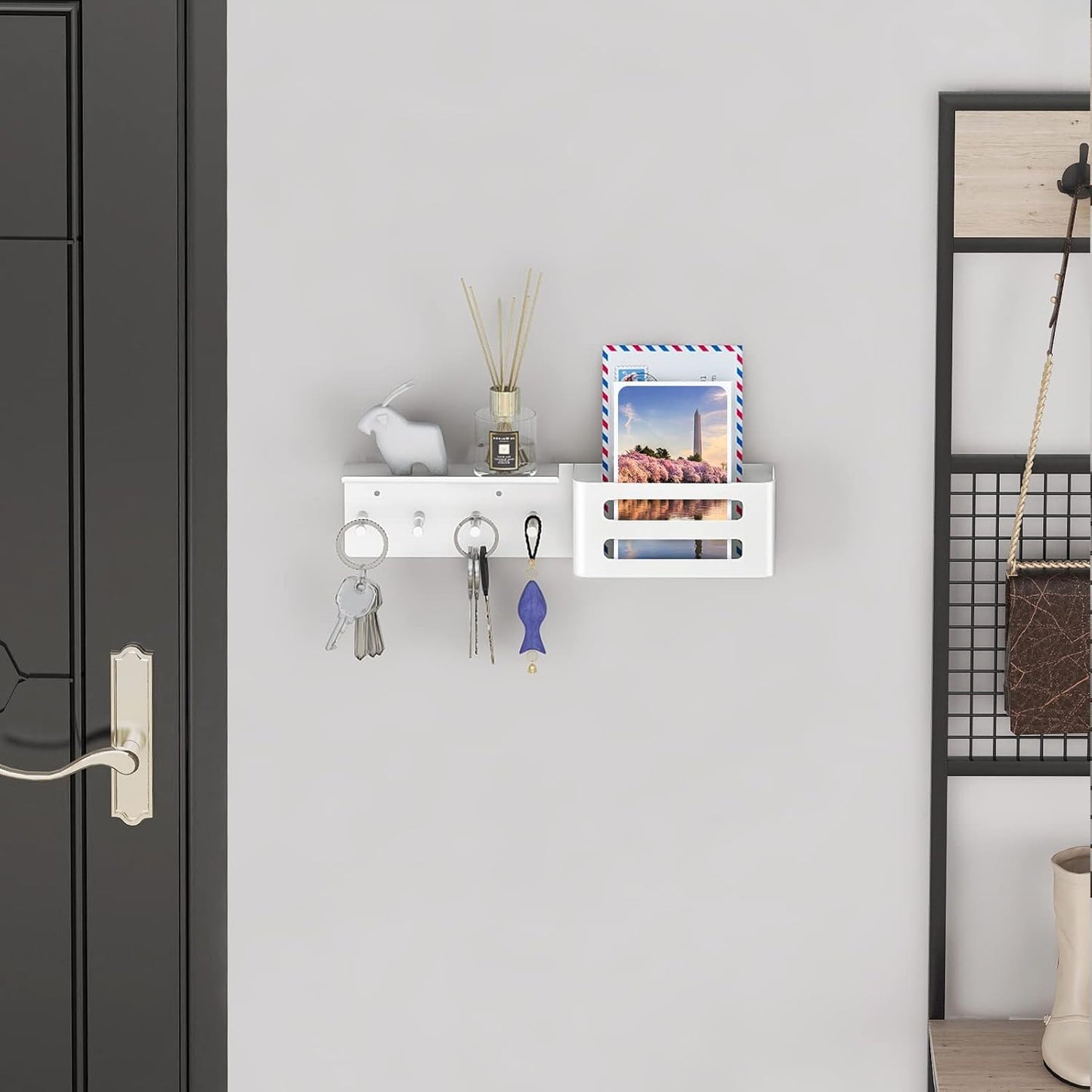 MKO Key Holder for Wall, 12.2In Mail Organizer Holder with Shelf, Metal Key Rack Adhesive Wall Mount, White
