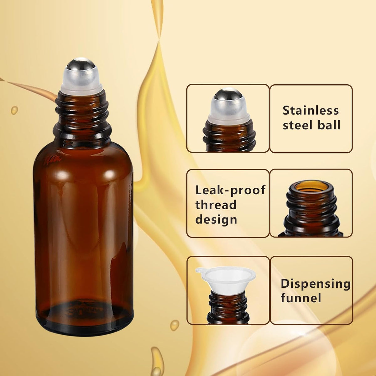 15ML Roller Bottles for Essential Oil, 4 Pack Empty Amber Glass Roller Bottle for Perfume Oil, Roll on Bottles with Stainless Steel Roller Balls, Opener, Funnel and Dropper