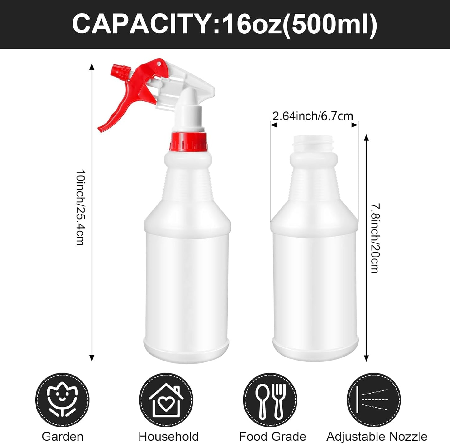 Eccliy 12 Pcs 16 Oz Plastic Spray Bottle, Adjustable Empty Reusable Sprayer for Cleaning, Planting, Water, Bathroom and Kitchen, BBQ, Commercial and Residential(Red, Yellow,Original)