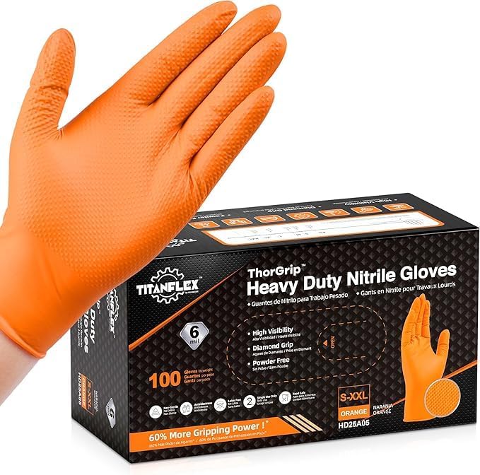 TitanFlex Heavy Duty Orange Nitrile Gloves, 6 Mil, Raised Diamond Texture by TitanFlexDisposableGloves