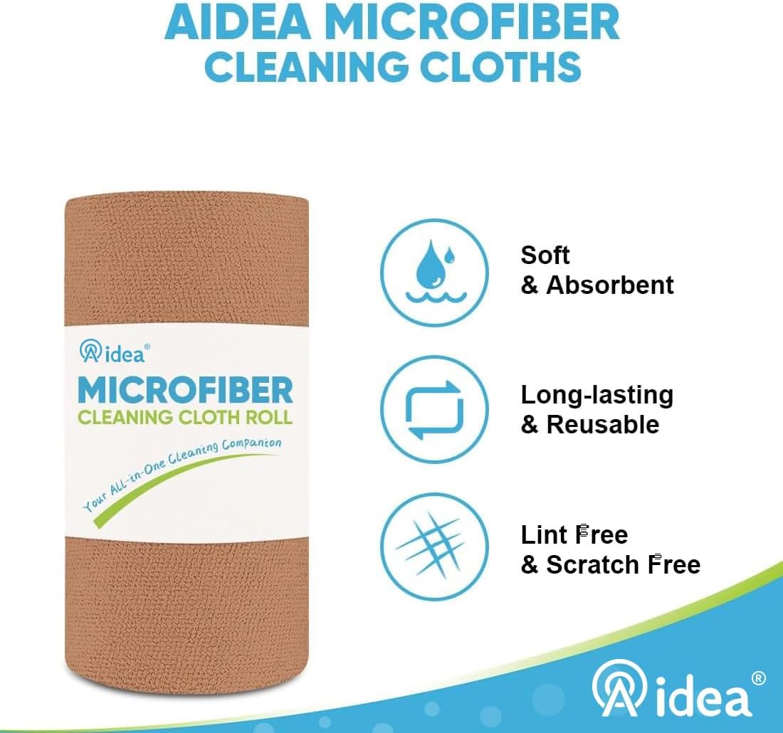 AIDEA Microfiber Cleaning Cloth Roll, 55 Sheets Shop Towels Washable, Microfiber Towels for Cars, Shop Rags Reusable Paper Towel for Automotive, Workshop, House, Kitchen, Cleaning Supplies11×9" Coffee