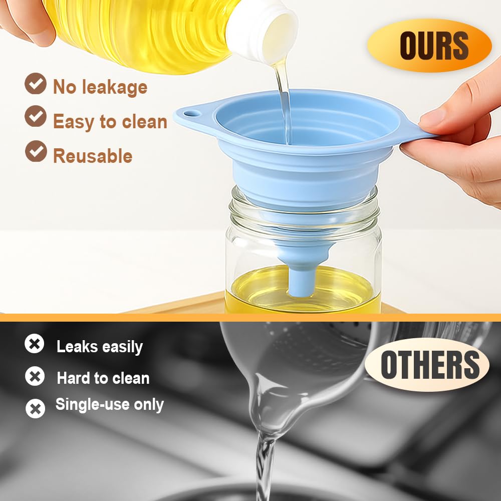 Kitchen Funnel Set 3 Pack, Collapsible Silicone Funnels for Filling Water Bottles & Small Bottles | Food-Grade, Easy Clean & Space-Saving (Blue)