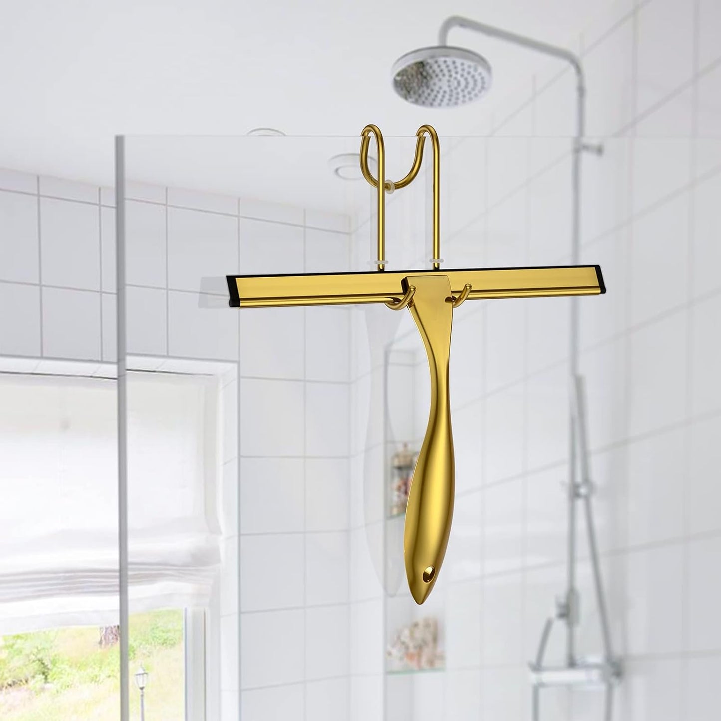 Shower Squeegee Set, 14-Inch Stainless Steel Squeegee, All-Purpose Squeegee for Bathroom, Shower Doors, Mirrors, Tiles, and Car Windows - 100% Streak Free, Includes Shower Door Hook and Adhesive Hook