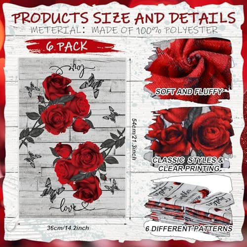 Breling 6 Pack Valentine Red Rose Kitchen Towels Vintage Floral 14 X 21 in - Image 2