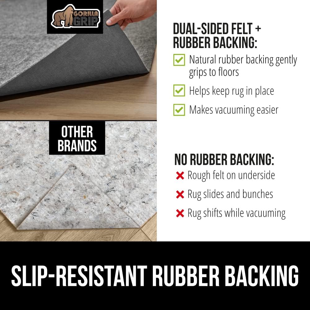 GORILLA GRIP Felt and Natural Rubber Stay in Place Slip Resistant Rug Pad, 1/4in Thick, 3x5 FT Protective Padding Under Area Rugs, Cushioned Gripper Pads, Carpet Runners, Hardwood Floors Protection