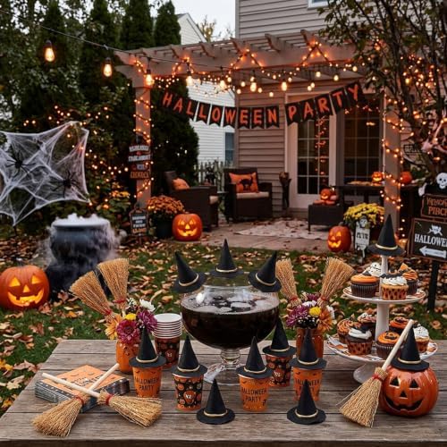 24PCS Mini Witch Hat with Broom Set, Halloween Decorations - Image 4