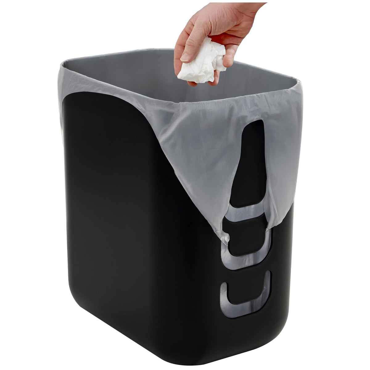STORi Luup Bathroom Wastebasket, Secure Grocery Bags, Plastic Garbage Container for Vanity, Laundry Room, Kitchen, Office, 2.5 Gallon, Black, Made in USA