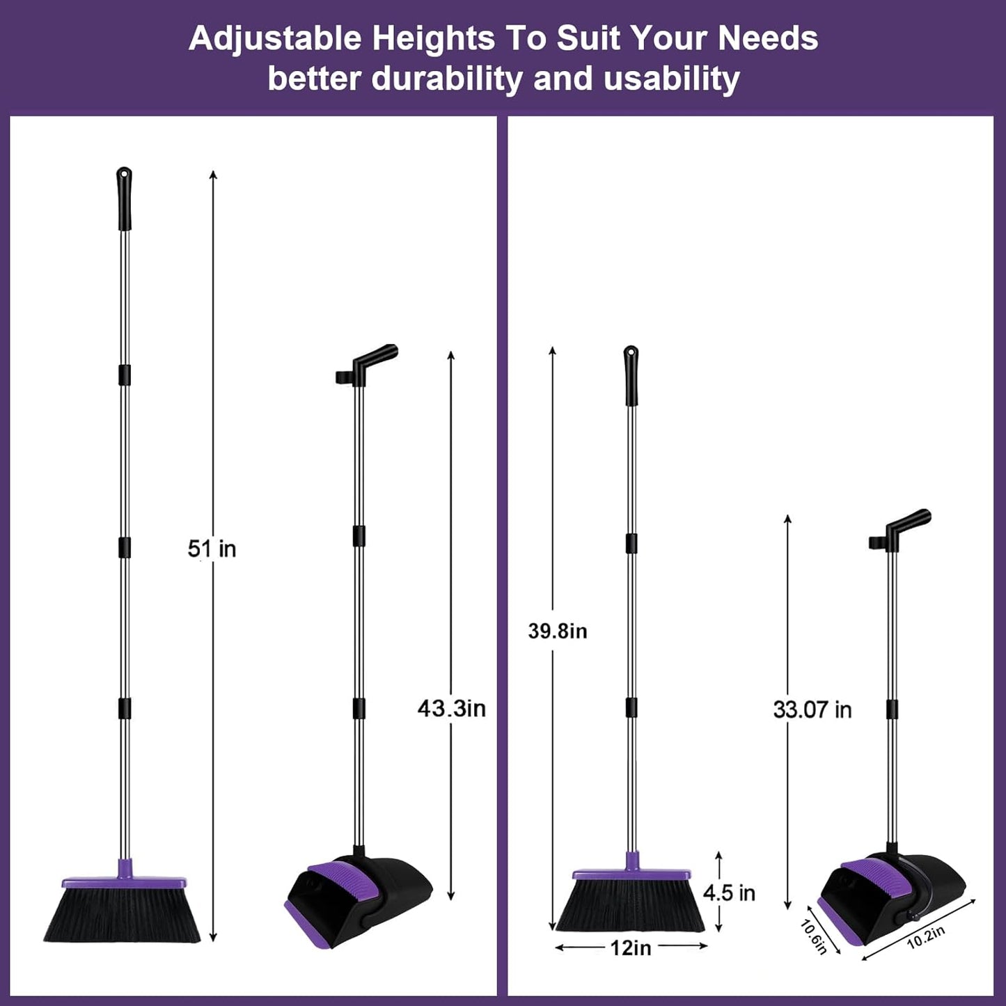 Broom with Dustpan Combo Set, 51" Household Dustpans and Broom, Standing Dust Pan Set for Home, Purple Cleaning Set for Kitchen Lobby Indoor Outdoor