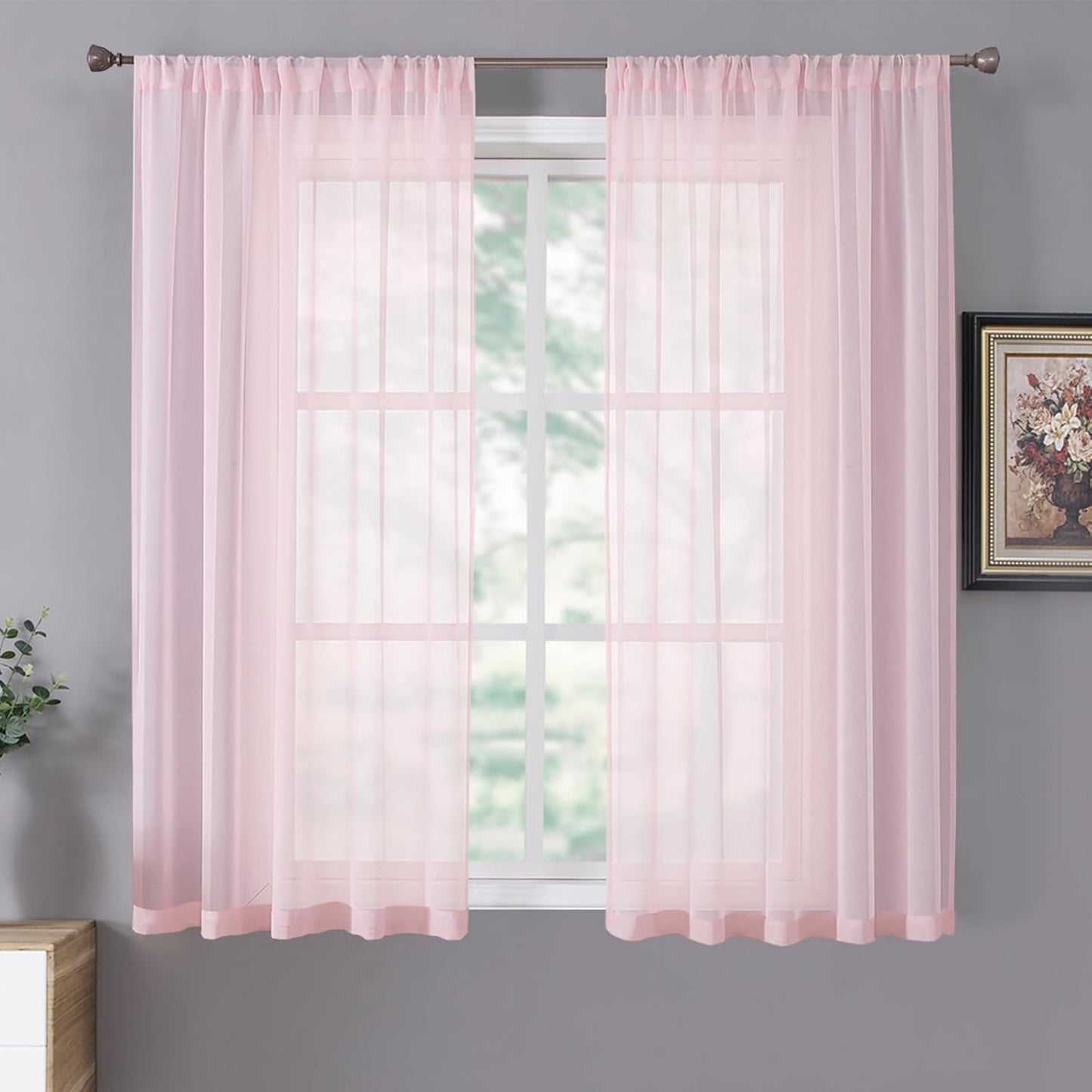Tollpiz Short Sheer Curtain Linen Textured Living Room Curtains Sheer Light Filtering Rod Pocket Voile Curtain for Bedroom, 42 x 54 inches Long, Pink, Set of 2 Panels