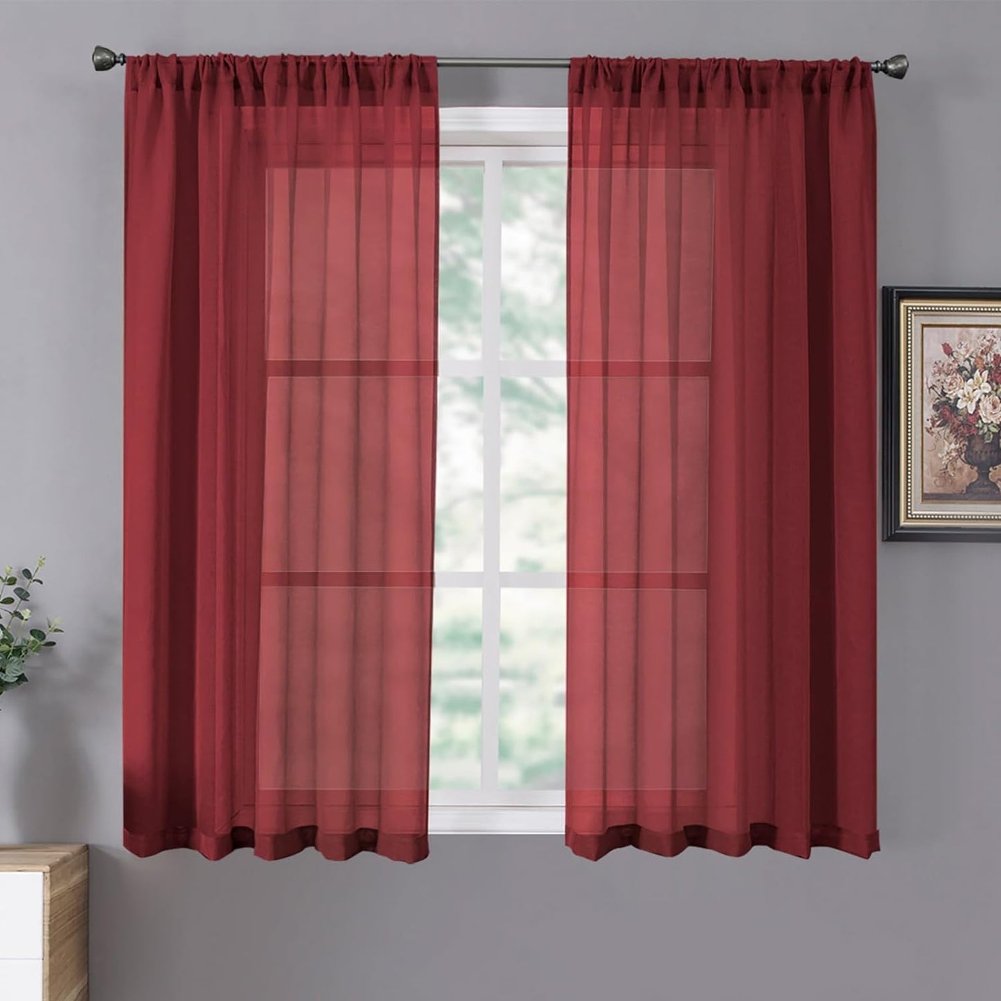 Tollpiz Short Sheer Curtain Linen Textured Living Room Curtains Sheer Light Filtering Rod Pocket Voile Curtain for Bedroom, 42 x 54 inches Long, Burgundy Red, Set of 2 Panels