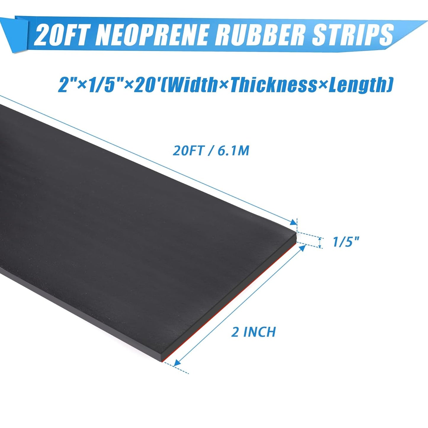 Neoprene Rubber Strips Self Adhesive Sheets, Rolls & Strips with Adhesive Backing Rubber Pads Self Stick Seal Gasket Sticky Back for Matting Padding - 2" Wide x 1/5" Thick x 20' Long