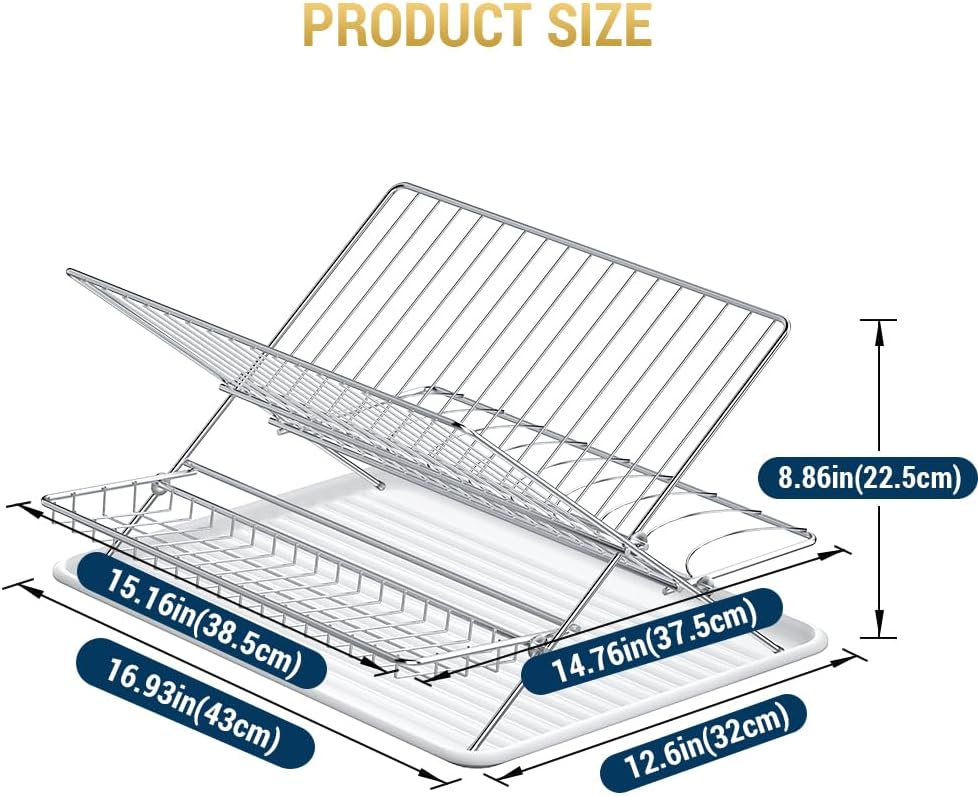 Dish Drying Rack with Drip Tray, 3 Tier Collapsible Stainless Steel Dish Drainer, Plate Rack Holder for Kitchen Counter, Folding Dish Rack for Kitchen Sink, Countertop,Cutlery, Plates, Dishes