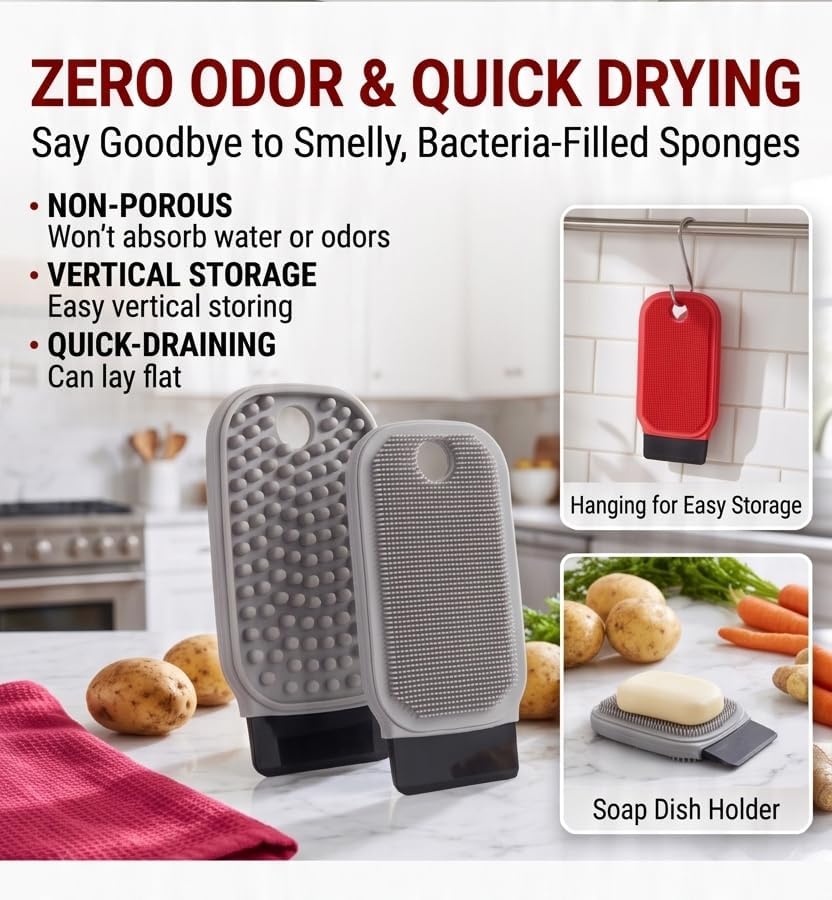 3-in-1 Silicone Dish Sponge & Vegetable Scrubber, Flexible Kitchen Cleaning - Image 4