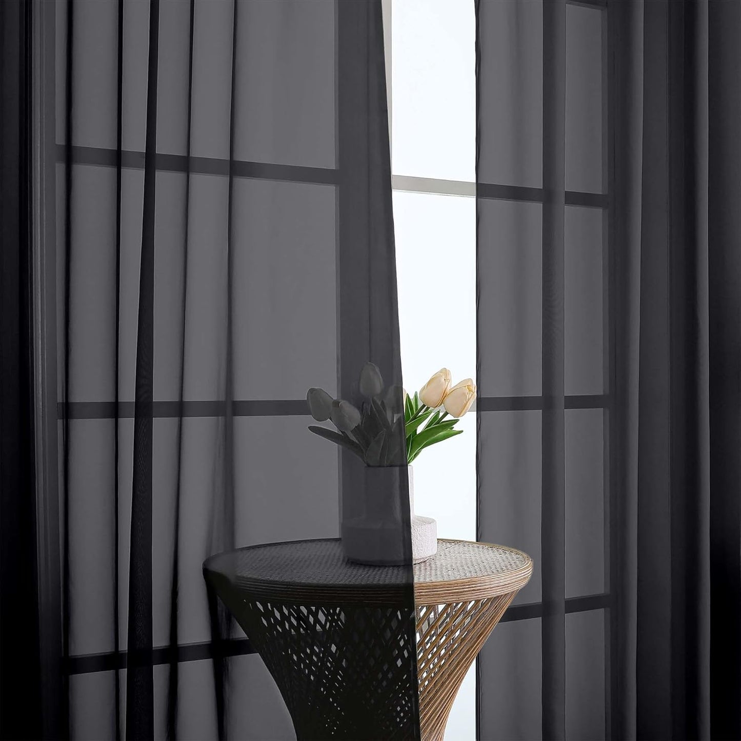 Chyhomenyc Black Sheer Curtains 96 Inches Long 2 Panels, Light Filtering Black Curtains for Living Room, Soft Gentle Voile Rod Pocket Bedroom Window Drapes, 59Wx96L Inch, 2PCS