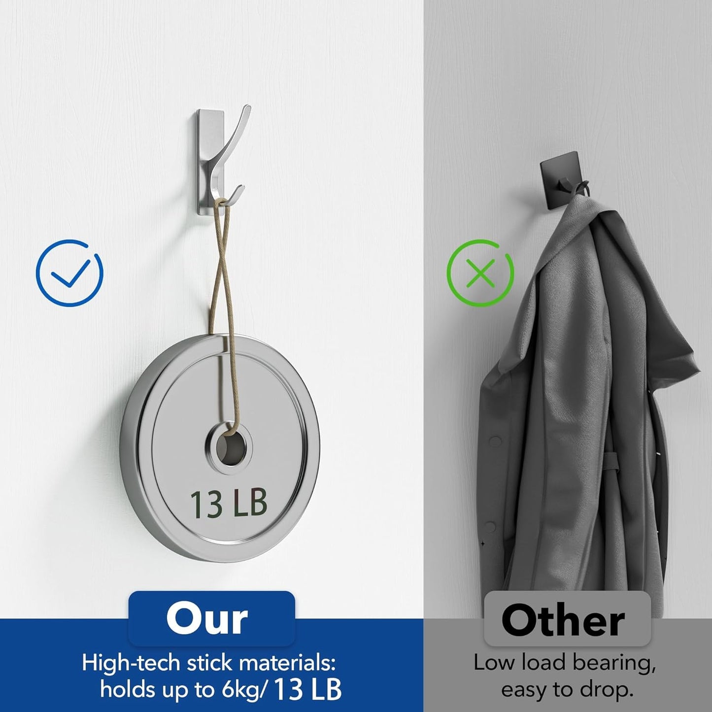 Stick on Hooks for Hanging, Extra Sticky 6KG (Max), Coat Hook on Door for Towel Coat Hat Key, Self Adhesive Hangers Wall Mounted, Silver, 6 Pack