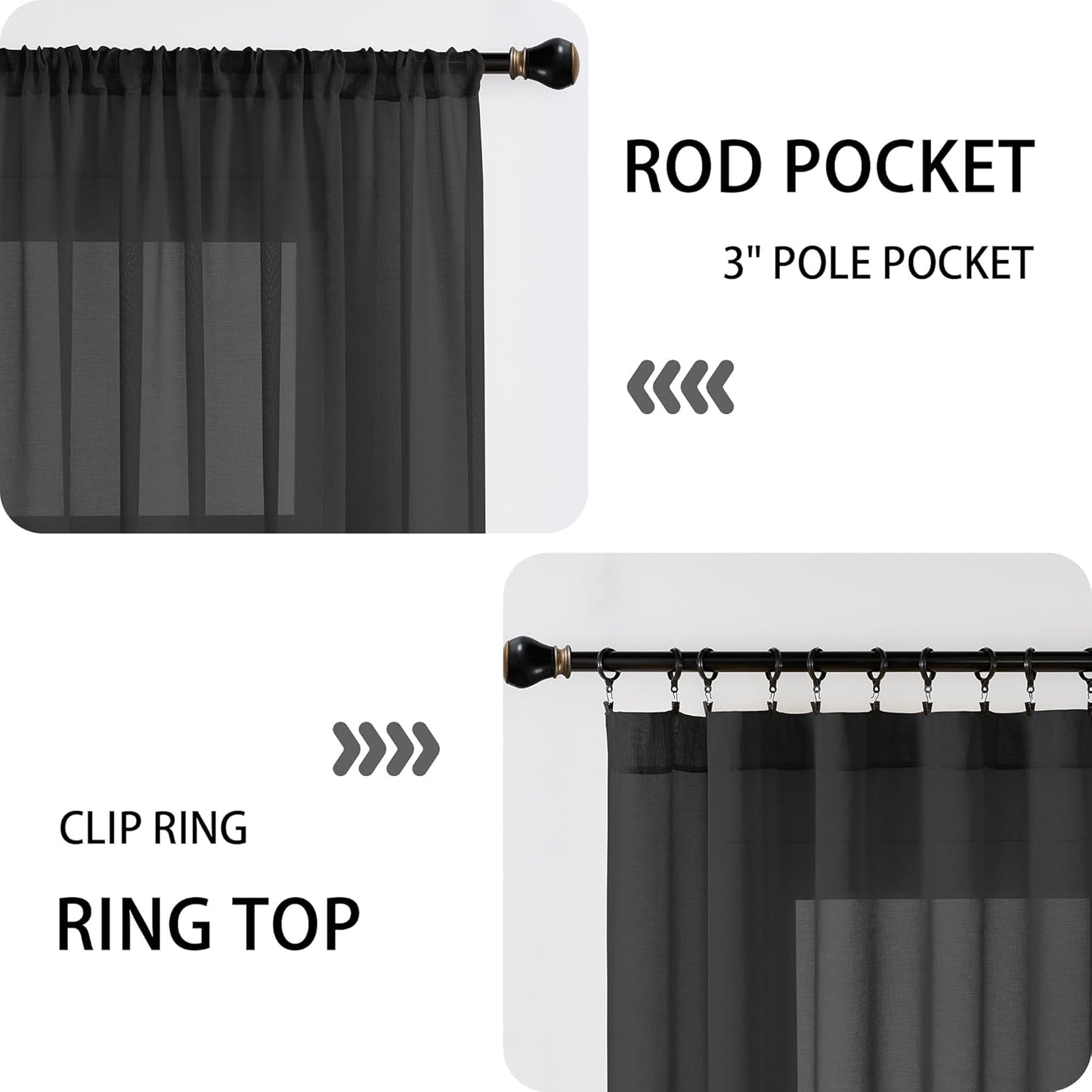 Tollpiz Short Sheer Door Curtain Closet Linen Textured Curtain Sheers Doorway Light Filtering Voile Patio Glass Door Rod Pocket Curtains French Door, 54 x 54 inches Long, Black, Set of 1 Panel