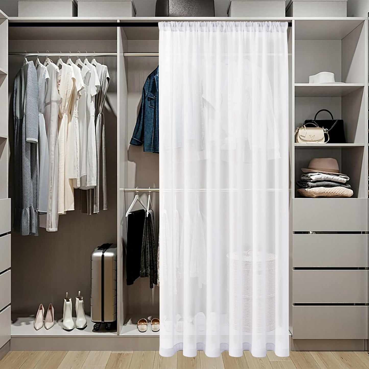 Tollpiz Short Sheer Door Curtains Closet Linen Textured Curtains Sheer Doorway Light Filtering Voile Patio Glass Door Rod Pocket Curtain French Door, 54 x 40 inches Long, White, Set of 1 Panel