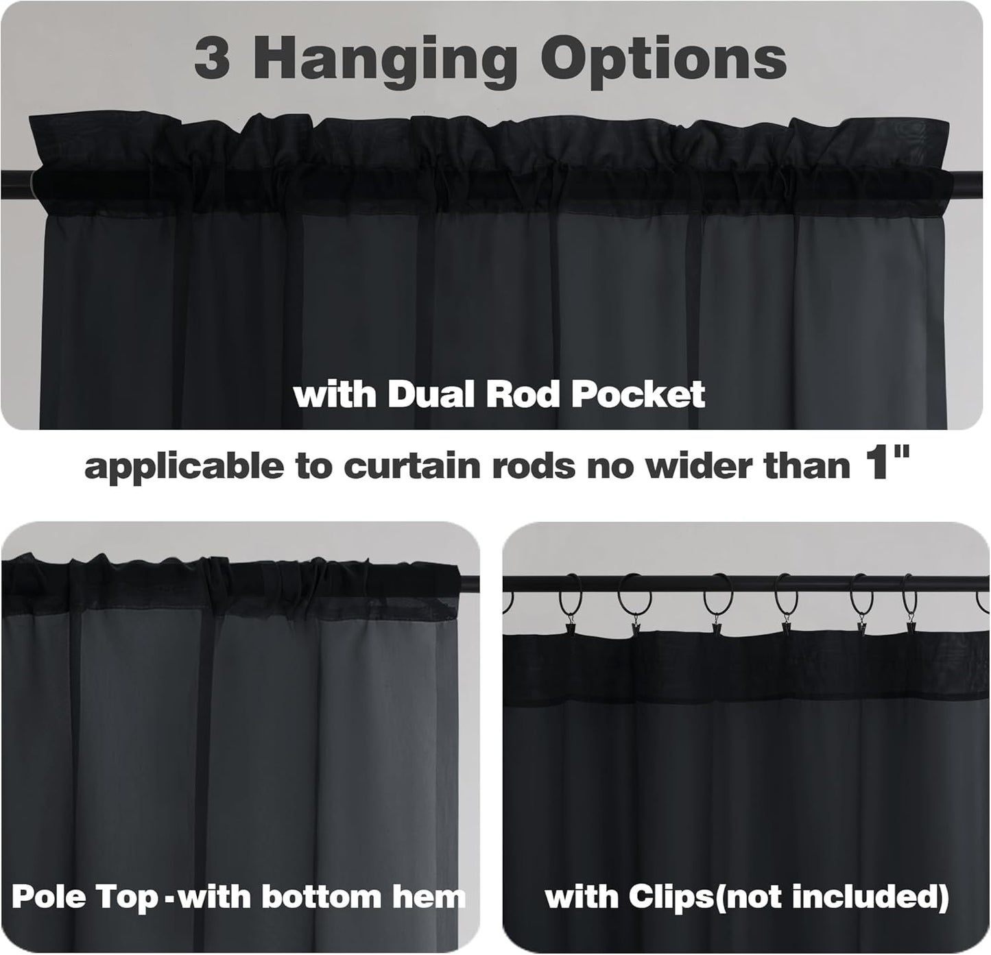 Chyhomenyc Black Sheer Window Curtain Panels 63 Inches Length, 2 Pieces, Voile Top Dual Rod Pockets Light Filtering Airy Trendy Drapes Window Treatment for Living Room/Bedroom, 42Wx63L