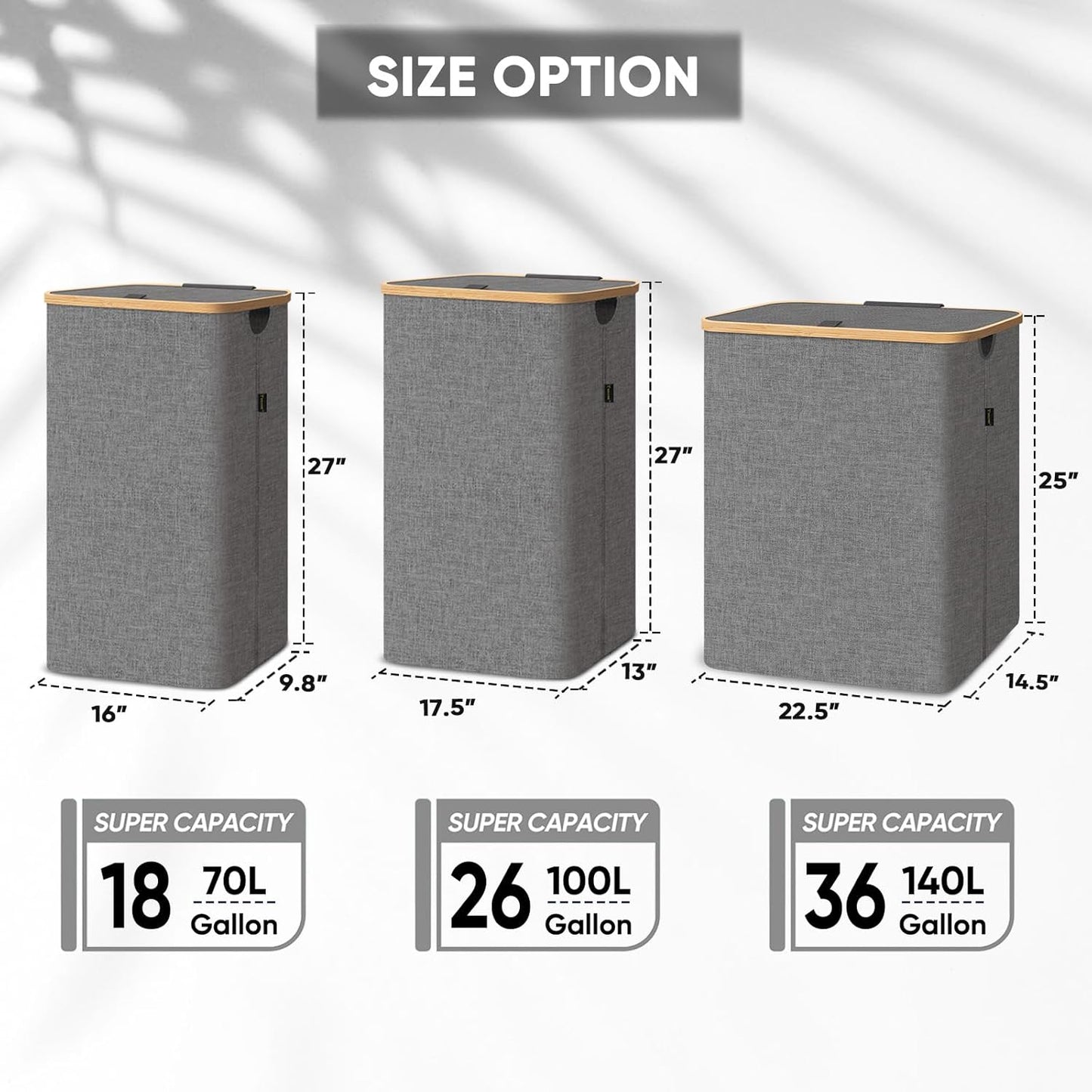 BALEINE Laundry Hamper with Lid, Tall Laundry Baskets with Bamboo Pull Handles, Large Laundry Bin with Internal Support (36 Gal/140L, Grey)