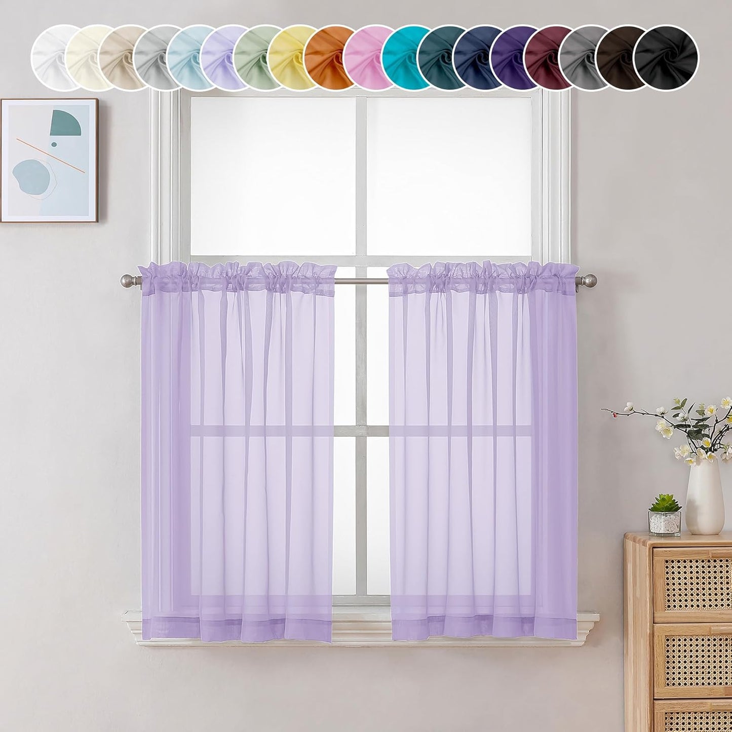 Chyhomenyc Lilac Sheer Curtains 36 inch Length 2 Panels, Light Filtering Voile Rod Pocket Short Window Curtians for Bathroom Living Room Farmhouse Small Windows, 42Wx36L inches