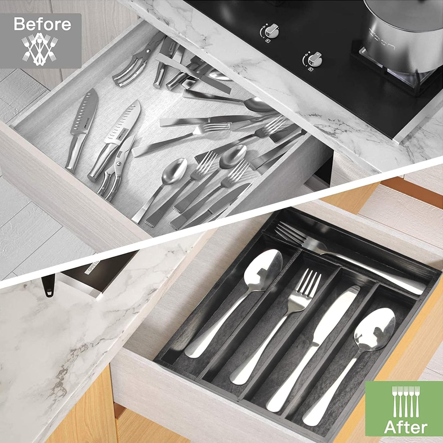 Small Kitchen Utensil Organizer Wooden Cutlery Tray Narrow Wood Silverware Holder Drawer Divider Flatware Organizer Storage Silverware Utensils Tray Black Bamboo Spoon Cutlery Organizer for Drawer