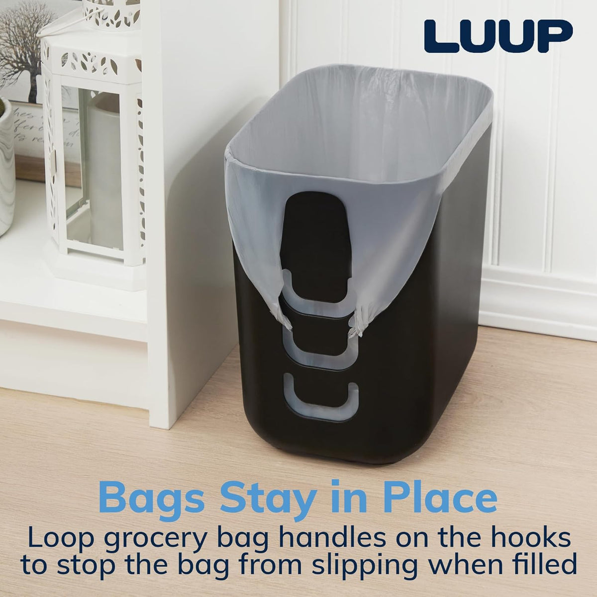 STORi Luup Bathroom Wastebasket, Secure Grocery Bags, Plastic Garbage Container for Vanity, Laundry Room, Kitchen, Office, 2.5 Gallon, Black, Made in USA