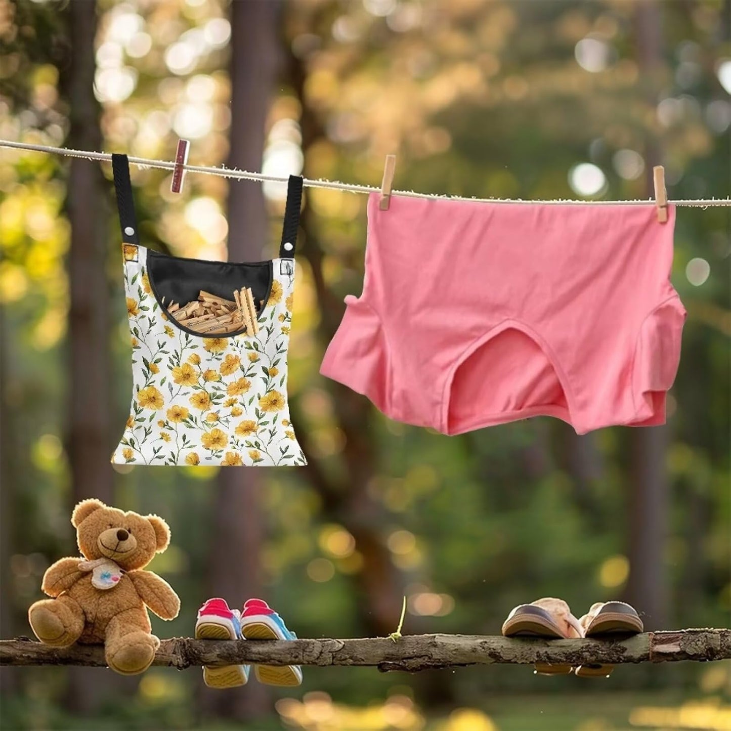 Yellow Floral Clothespin Bag Space-Saving Laundry Hanging Storage Organizer Clothes Pin Hanging Bag with Rope Holds 100 Clothes Pins for Clothesline Outdoor Clothespin Accessory Bag