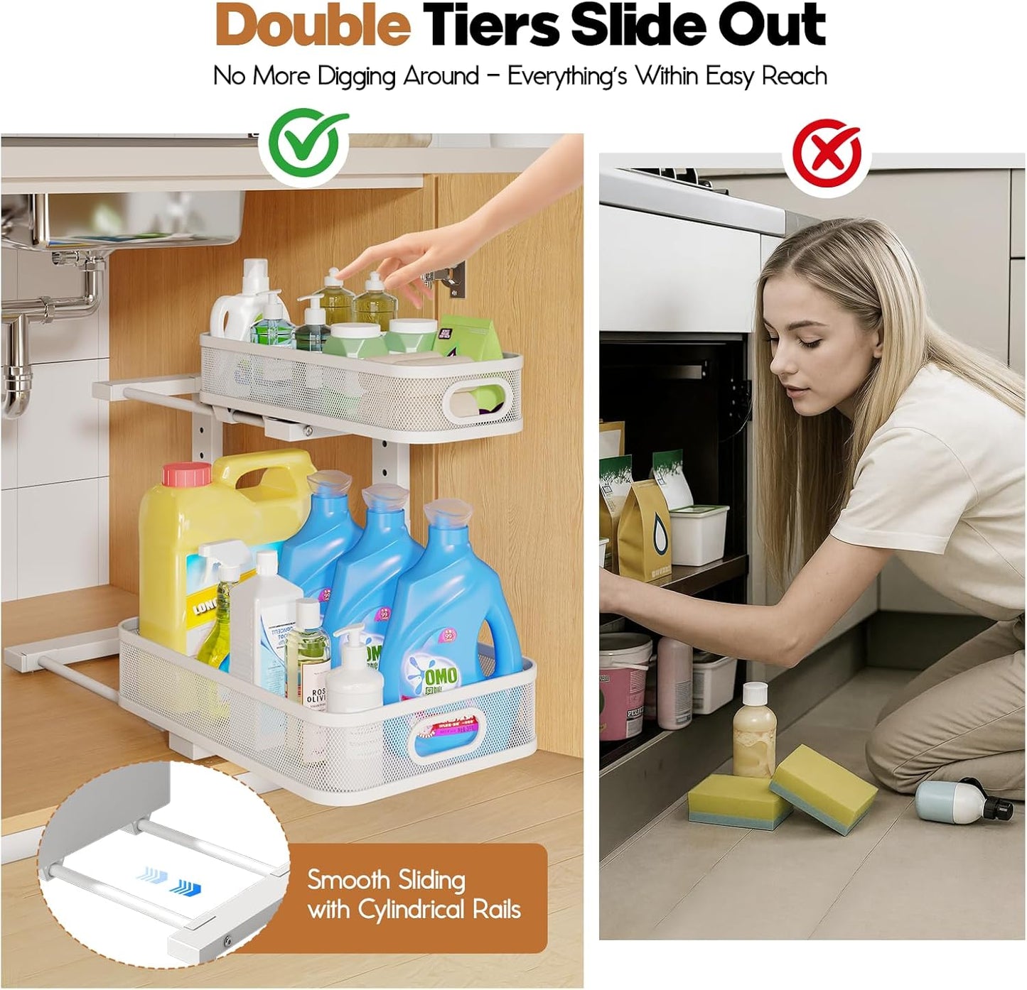1 Pack 15.7IN-Depth Under Sink Organizer With Smooth Cylindrical Rail,2-Tier Pull Out Multi-Purpose Cabinet Storage for Bathroom&Kitchen,Height Adjustable,Rust-resistant Coating-White