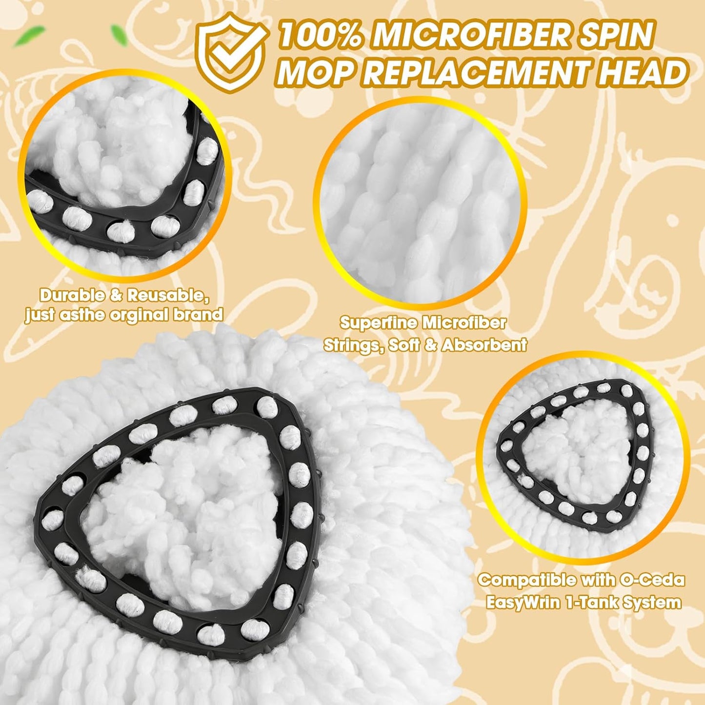 10 Pack Spin Mop Replacement Heads, 360° Microfiber Spin Mop Refills for O-Cdea EasyWrin 1-Tank System, Machine Washable Mop Replace Head for Easy Cleaning