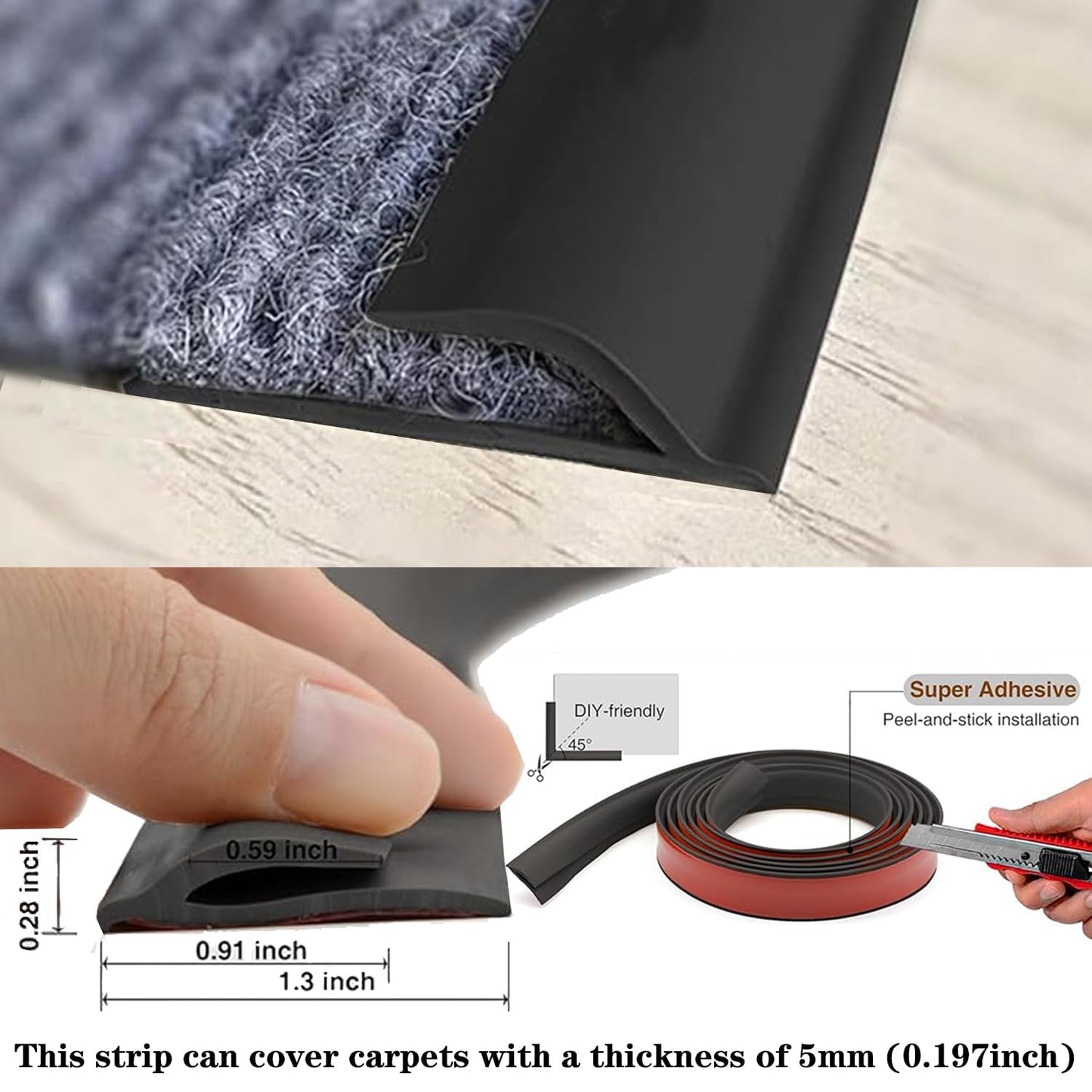 Self Adhesive Carpet Transition Strip with Edge Trim, Designed for Seamless Transitions from Carpet to Tile or Vinyl Floors, Perfect for Doorways.(Black,50ft)