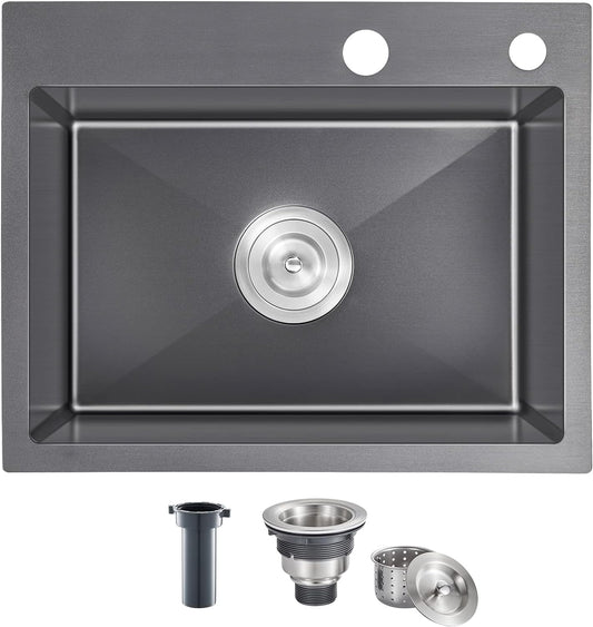 23x18 Inch Kitchen Sink, Handmade 304 Stainless Steel Sink, 9" Deep Single Bowl with Brushed Finish, Topmount with 2 Holes, R10 Tight Corner, for Modern Kitchen/RV/Outdoor Sink