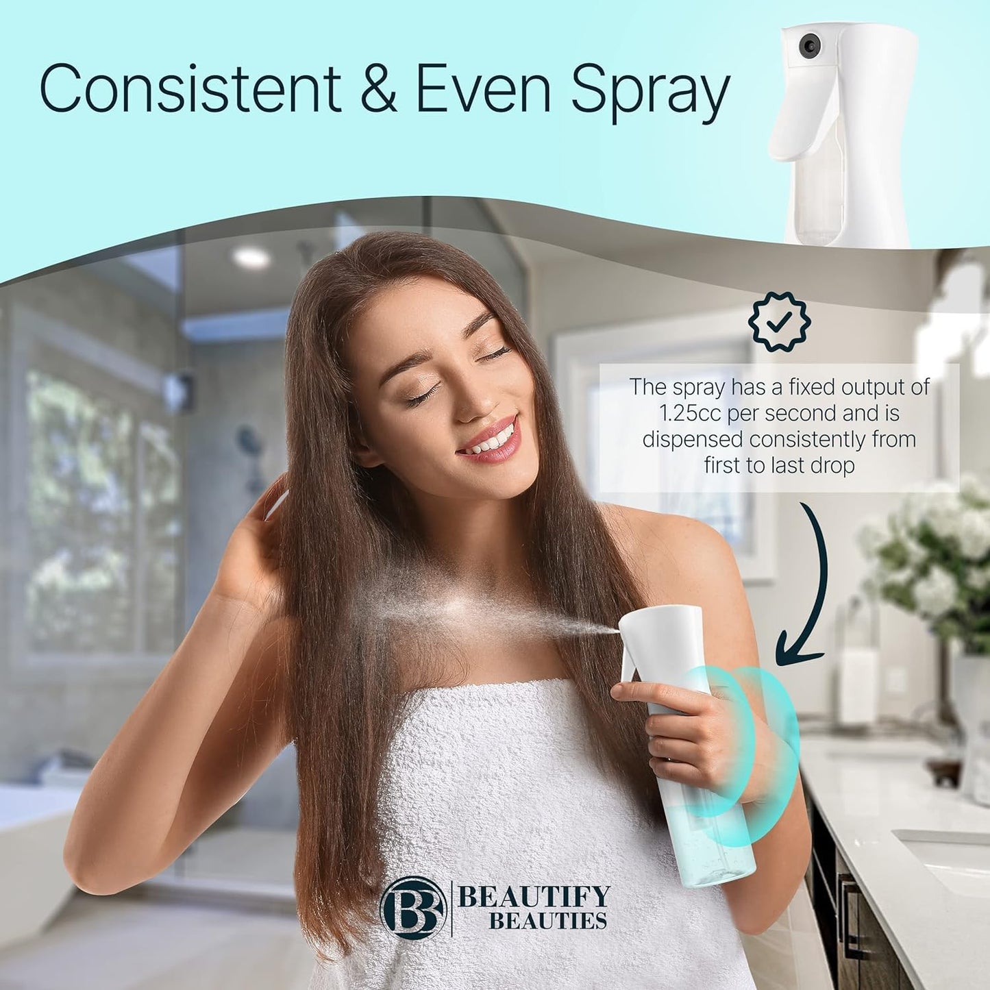 BeautifyBeauties Hair Spray Bottle – Ultra Fine Continuous Water Mister for Hairstyling, Cleaning, Plants, Misting & Skin Care (White, 6.8 Ounces)