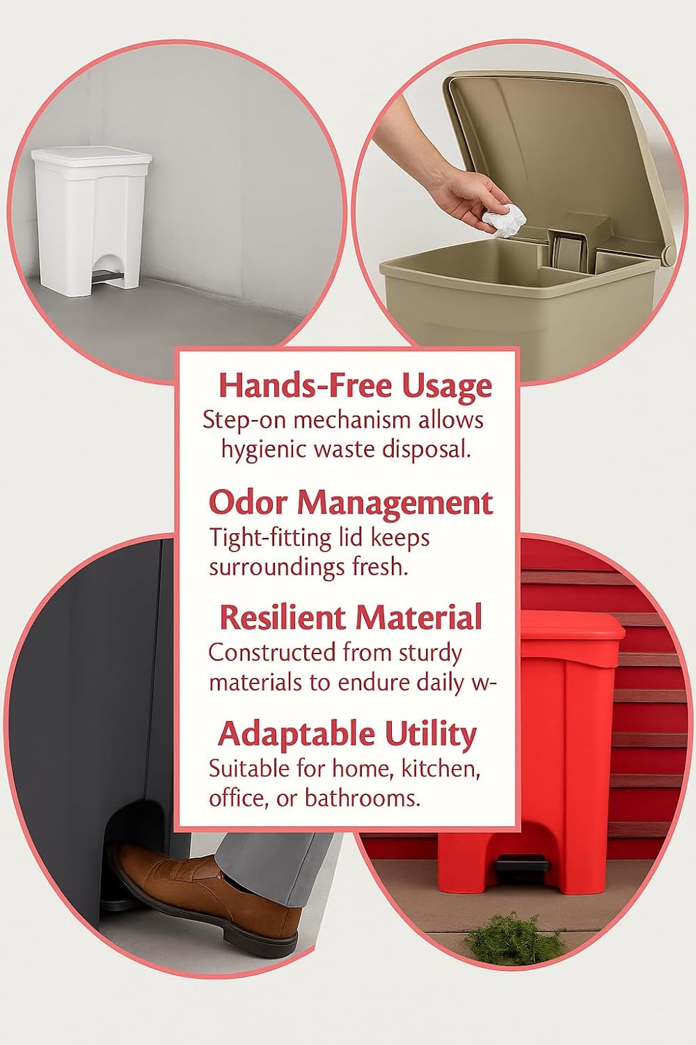 PRO&Family Step-On Trash Can with Lid, Plastic Waste Bin, Foot Pedal Operation (White, 12 Gallon)