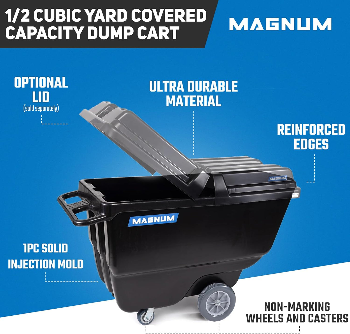 Tilt Truck, 1/2 Cu. Yd. Capacity Dump Cart with Non-Marking 12” Wheels & 5” Casters for Handling, Transporting on Construction Jobsites, 750 lbs, Trash Cart with Wheels DUC12T-NM
