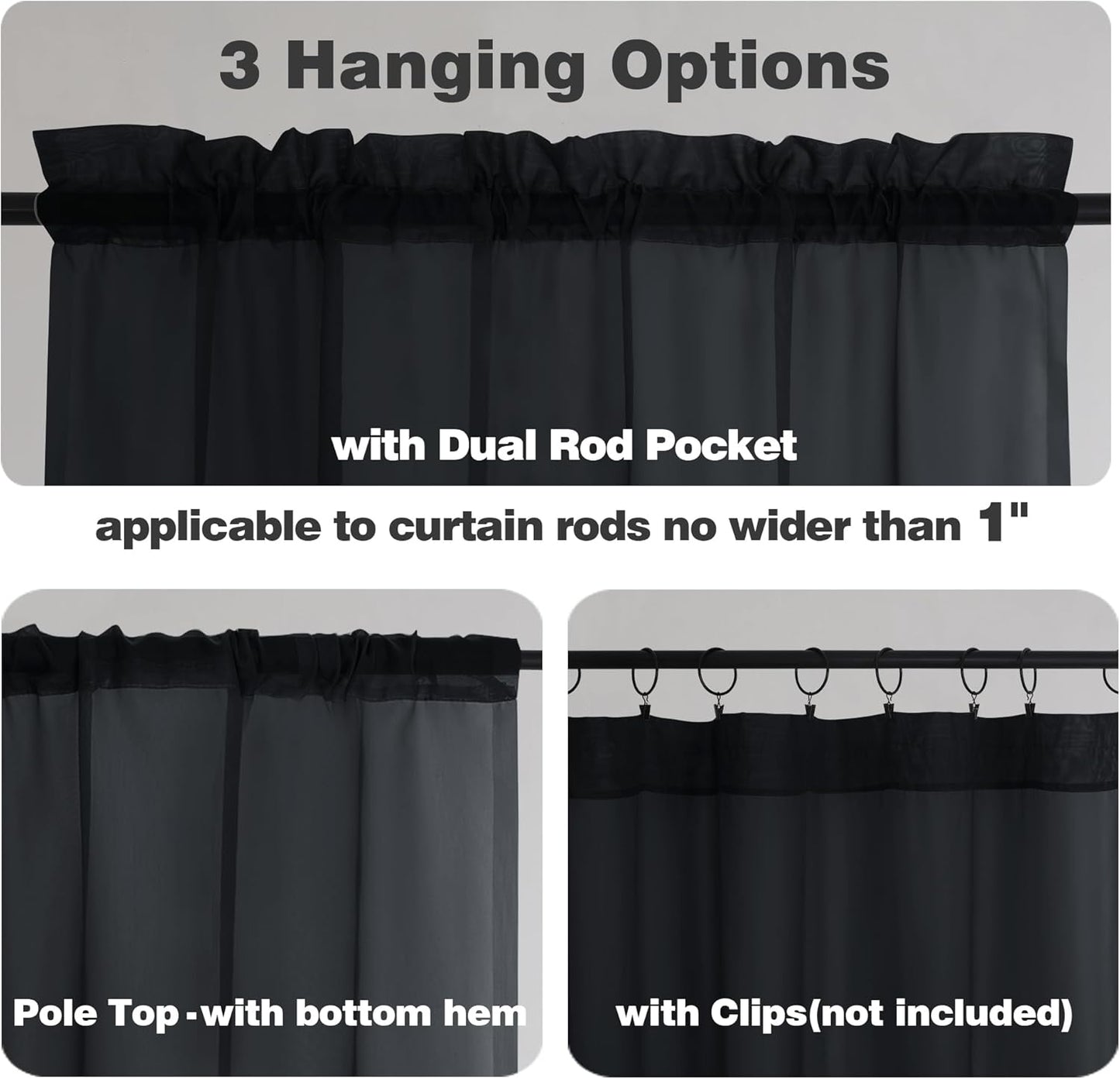 Chyhomenyc Black Sheer Curtains 96 Inches Long 2 Panels, Light Filtering Black Curtains for Living Room, Soft Gentle Voile Rod Pocket Bedroom Window Drapes, 59Wx96L Inch, 2PCS