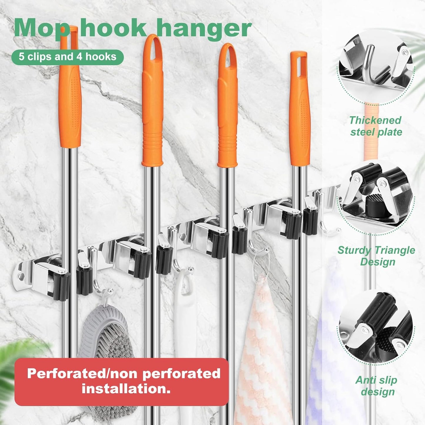 3Pcs 5 Racks 4 Hooks Stainless Steel Broom Mop Holder Anti Slip Wall Mount Broom Storage Rack Strong Load Bearing Waterproof Mop Broom Organizer for Bathroom Kitchen Garage