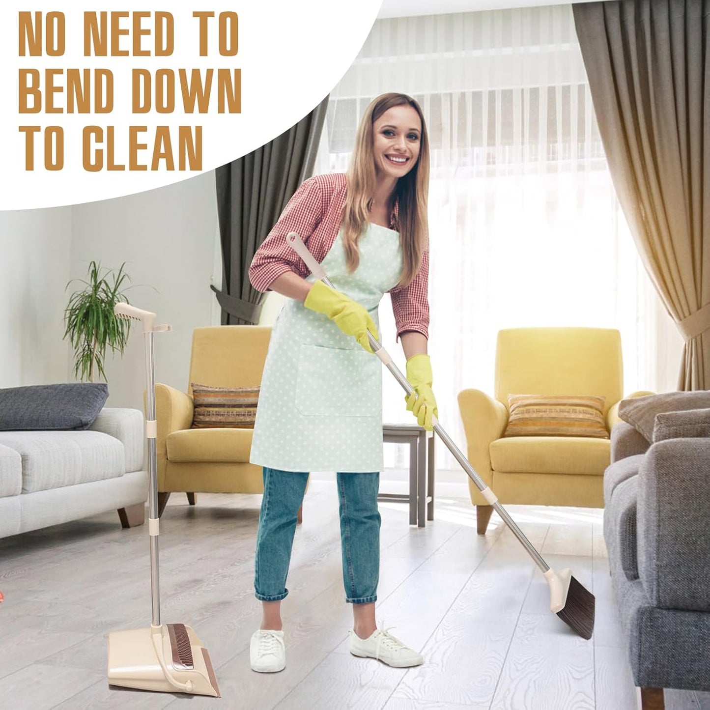 Broom and Dustpan Set with Long Handle, Light Weight Stainless Steel Poles Stand Upright Dustpans with Broom Combo for Home Kitchen Office Pet Dog Hair, Brown & Beige Color, 1-Pack