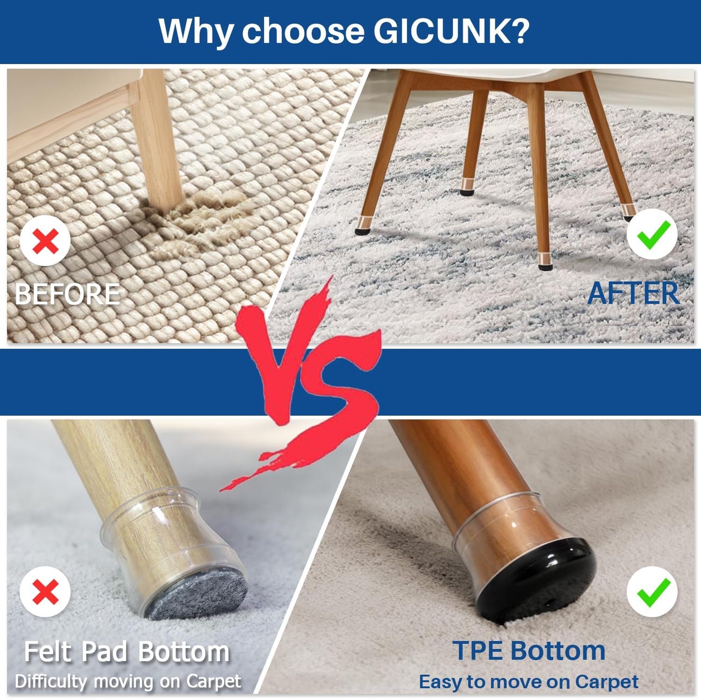 28 Pcs Chair Leg Sliders for Carpet, Square Chair Leg Floor Protectors Glides, Silicone Furniture Leg Protectors Caps, Carpet Protectors Table Feet Teflon Covers Pads (Fit:1-1/8" ~ 1-1/2")