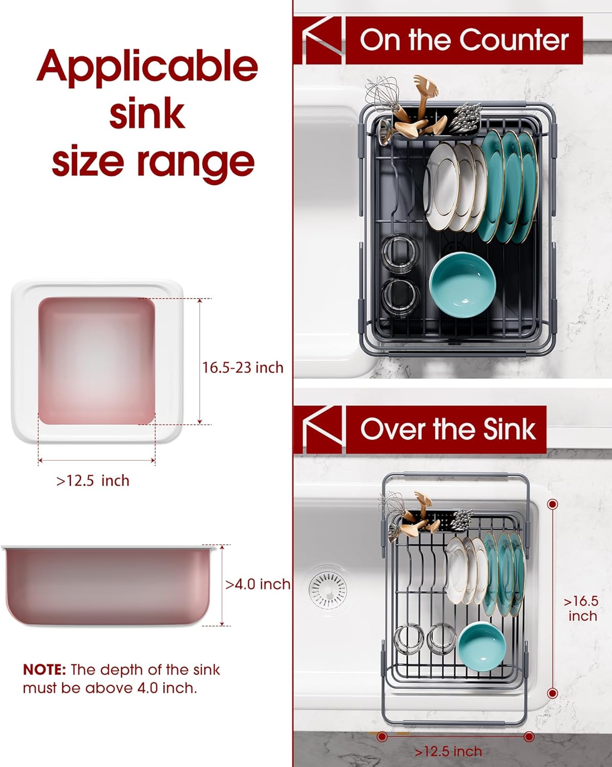 Stainless Steel Dish Drying Rack for Kitchen Counter, Sink Organization and Storage Essentials with Silverware & Utensil Holder, Home and Apartment Decor, 12" W x 16.1~23" L, Gray