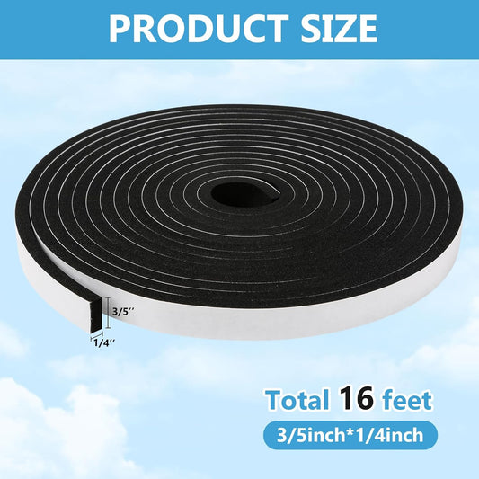 Weather Stripping Door Seal Strip (3/5 Inch X 1/4 Inch X 16Feet), Strong Adhesive, Lightproof, Soundproof, Weatherproof Foam Tape Insulation for Sliding Door, Front Door Frame, Windows- Black