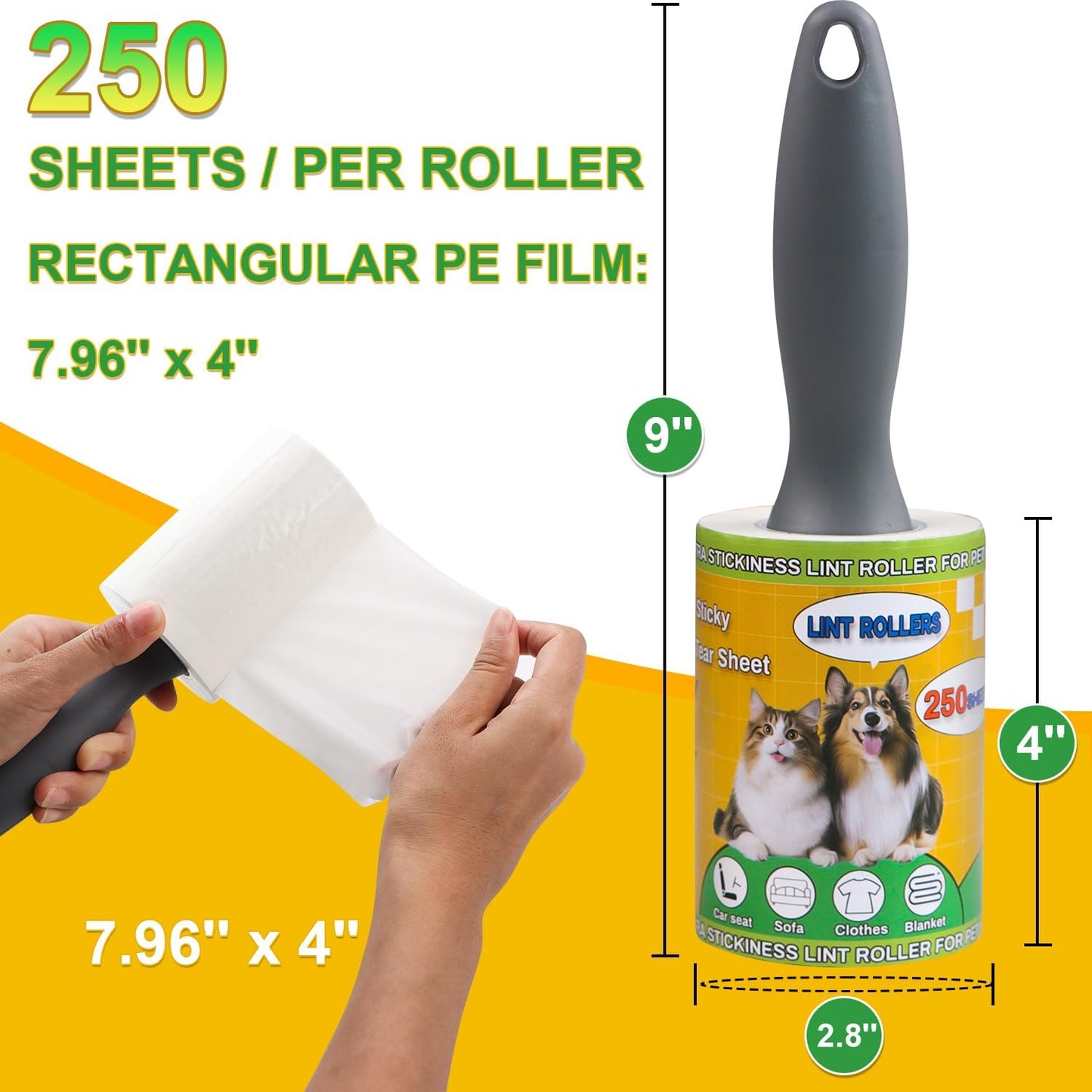 Extra Sticky Lint Rollers for Pet Hair, 250 Sheets, Lint Remover for Dog Cat Hair Removal, Animal Fur, Fuzz, Couch, Clothes Furniture and Carpet Travel-Friendly Grip Handle (1, White)
